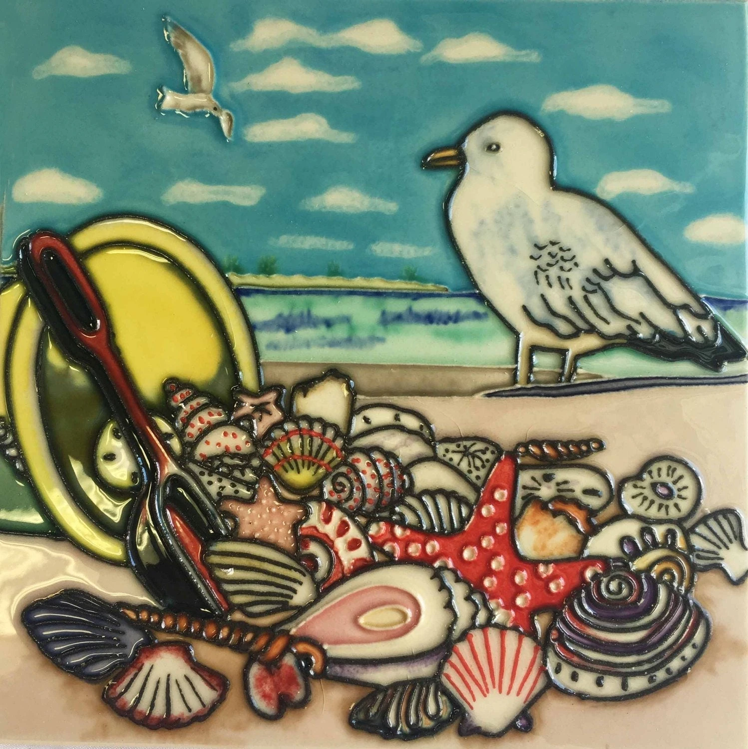 Seagull And Bucket Of Shells On Beach Ceramic Tile 8 Inches 1 Seagull And Bucket Of Shells On Beach Ceramic Tile 8 Inches