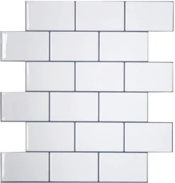 Crystiles 12"x12" Subway White Vinyl Peel And Stick Backsplash Tile, Pro Series Thicker Version, 4-Sheet Pack
